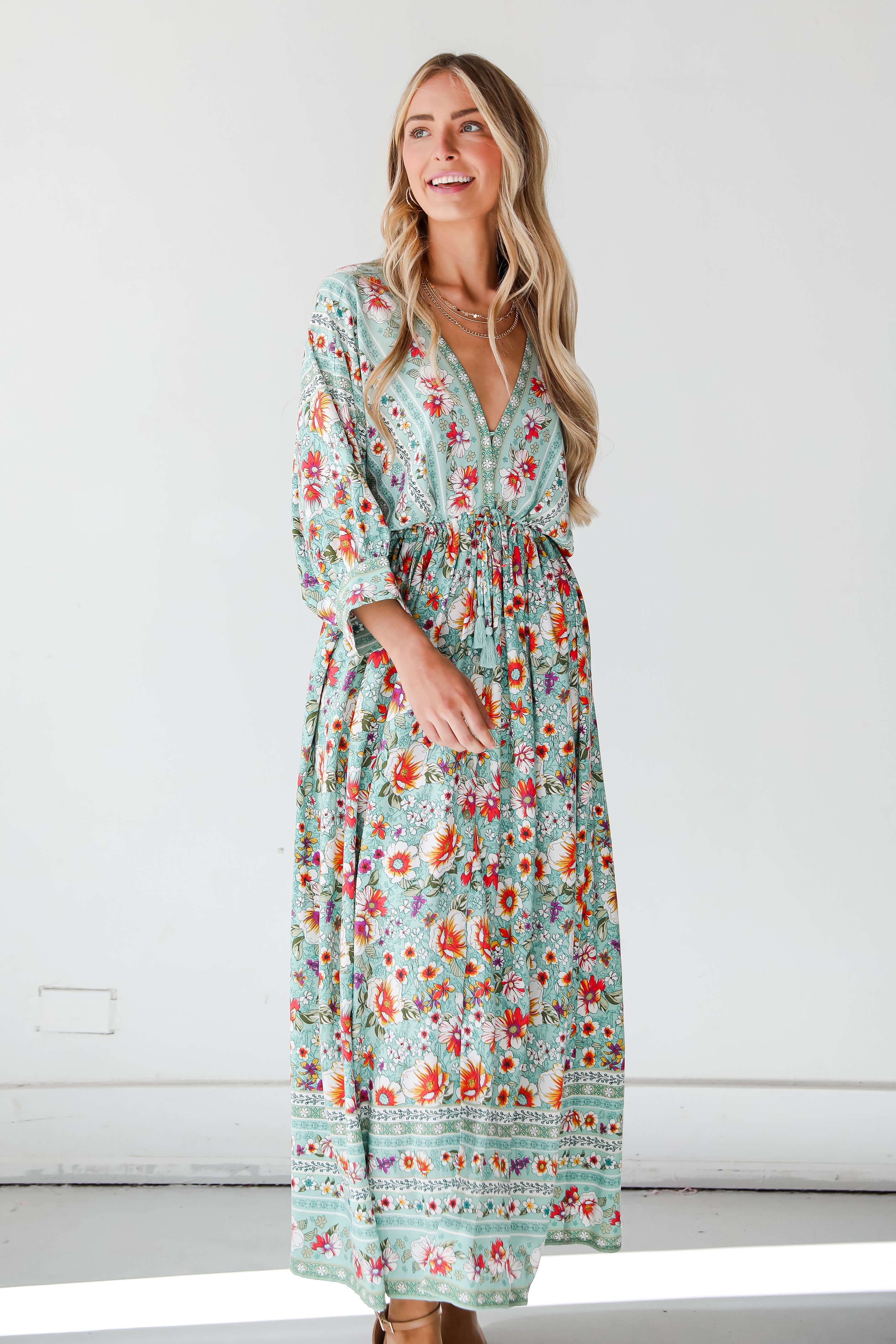 flowy green Floral Maxi Dress