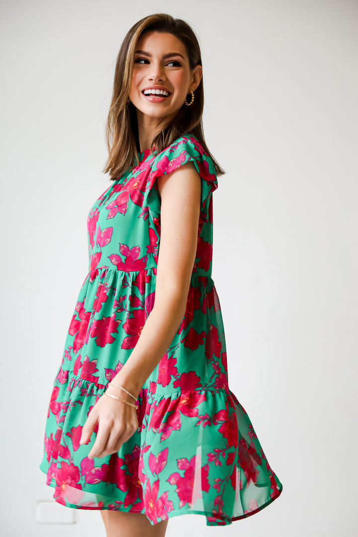 Kelly Green Tiered Floral Mini Dress for women