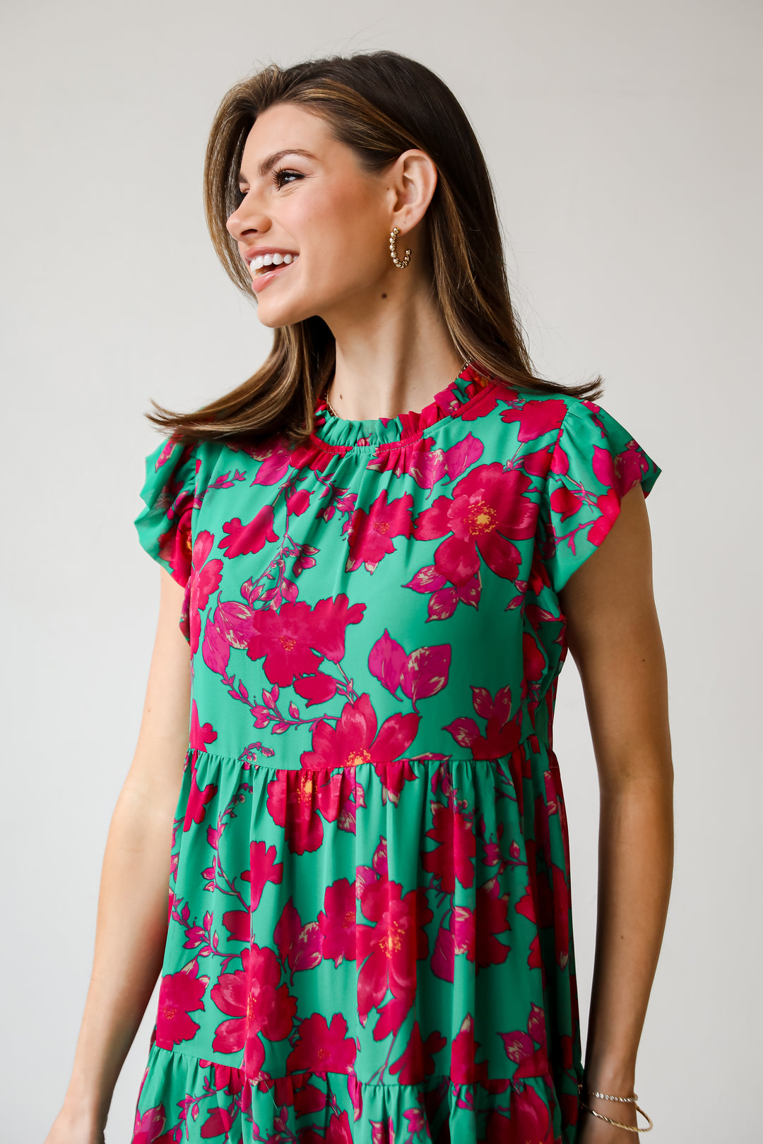 flowy Kelly Green Tiered Floral Mini Dress