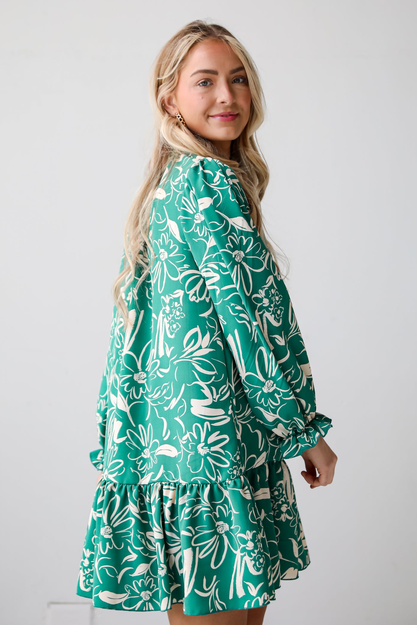 ruffle Green Floral Mini Dress
