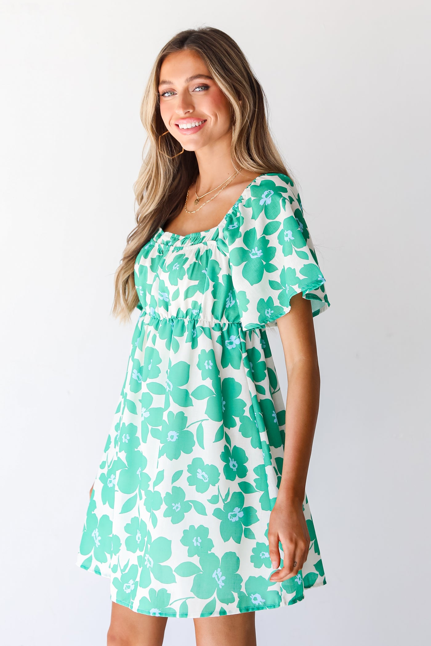 green Floral Mini Dress side view
