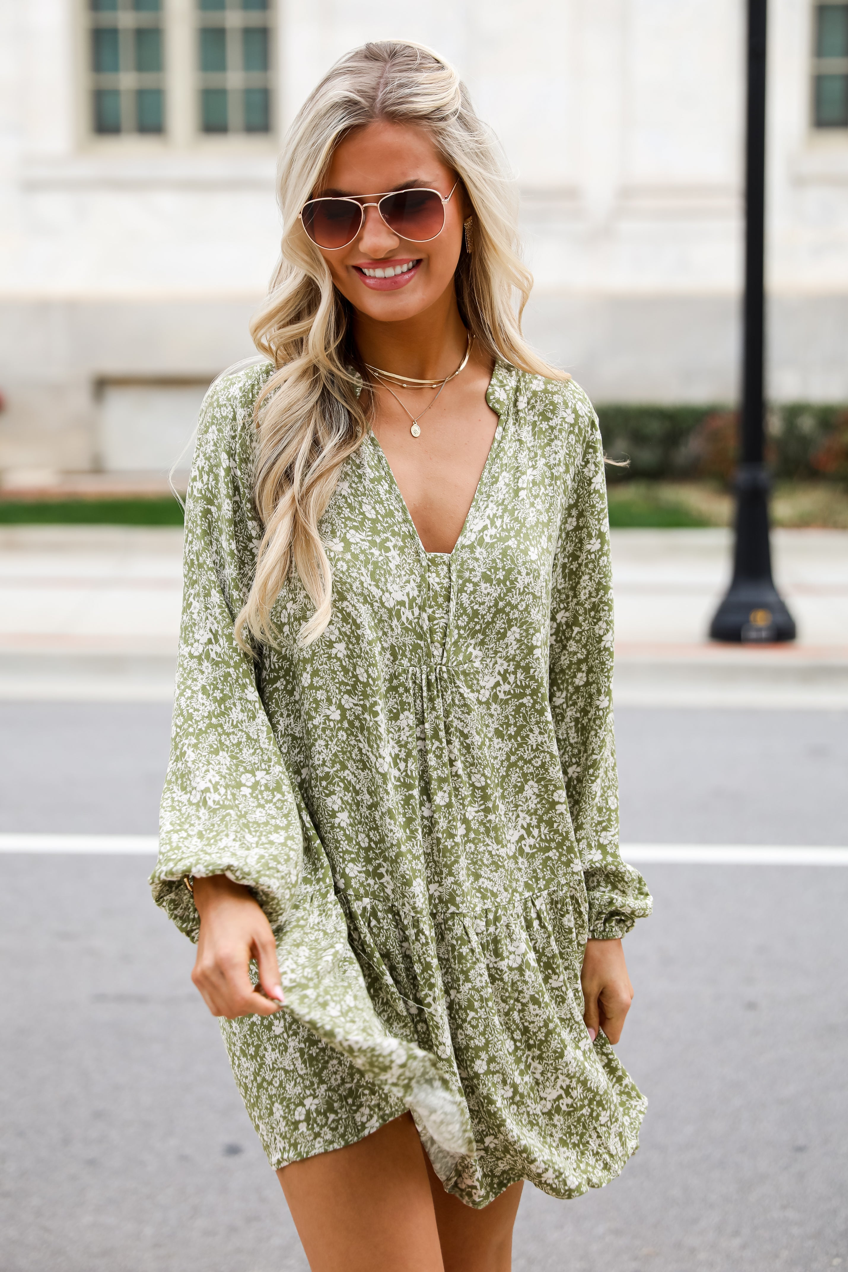 Light Olive Floral Mini Dress