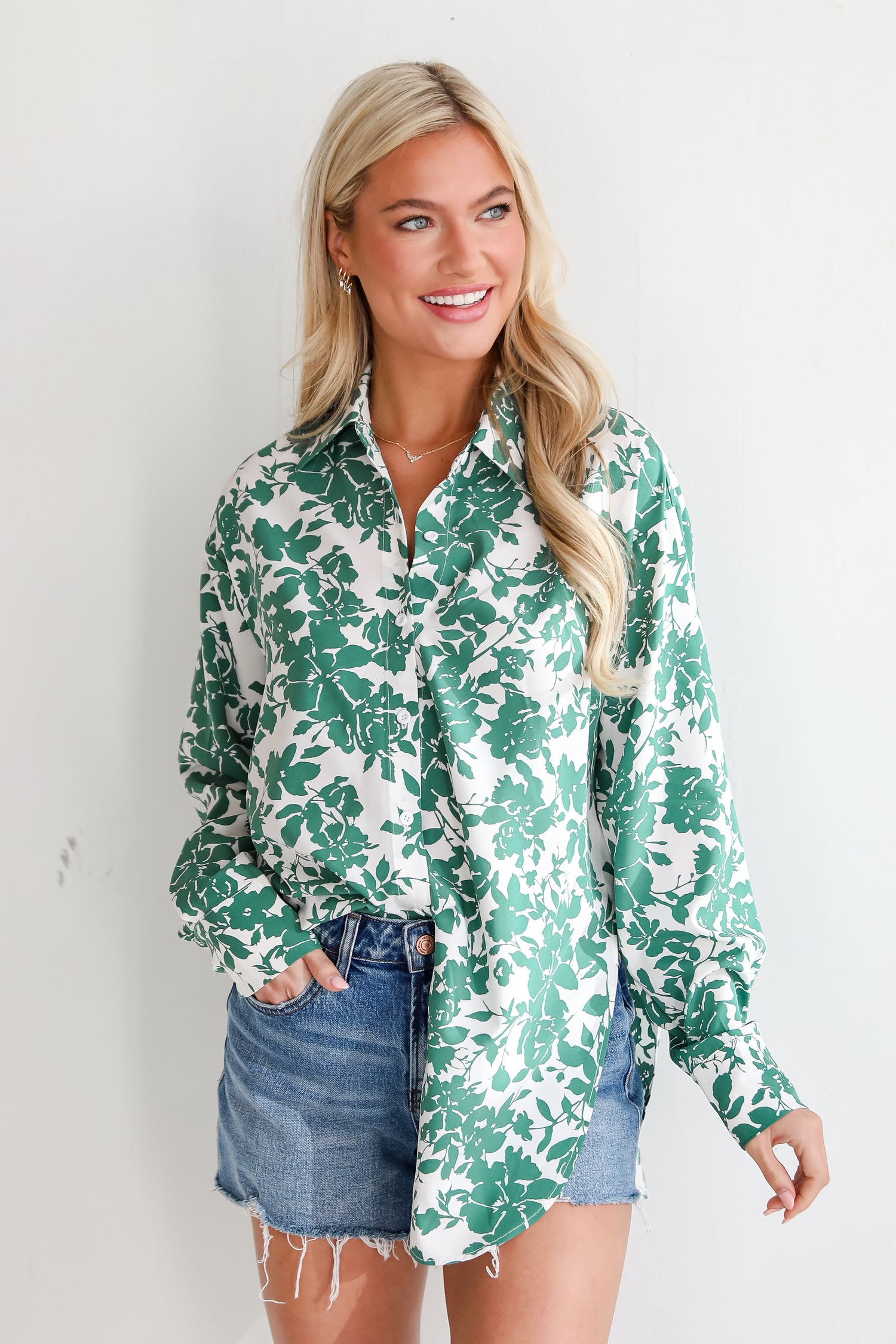 womens Green Floral Button-Up Blouse