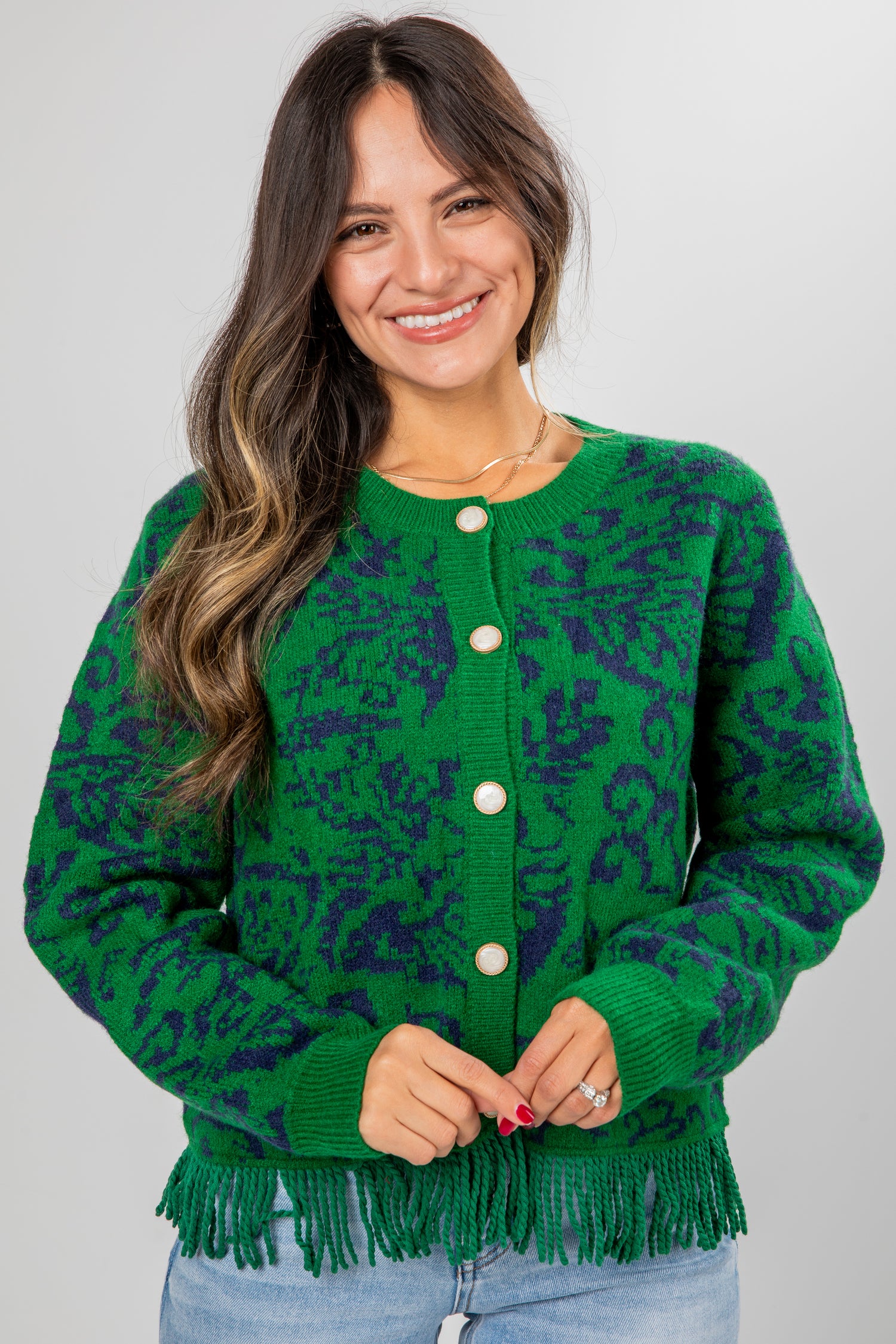 green fringe sweater