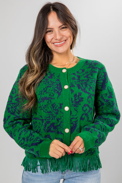 green fringe sweater