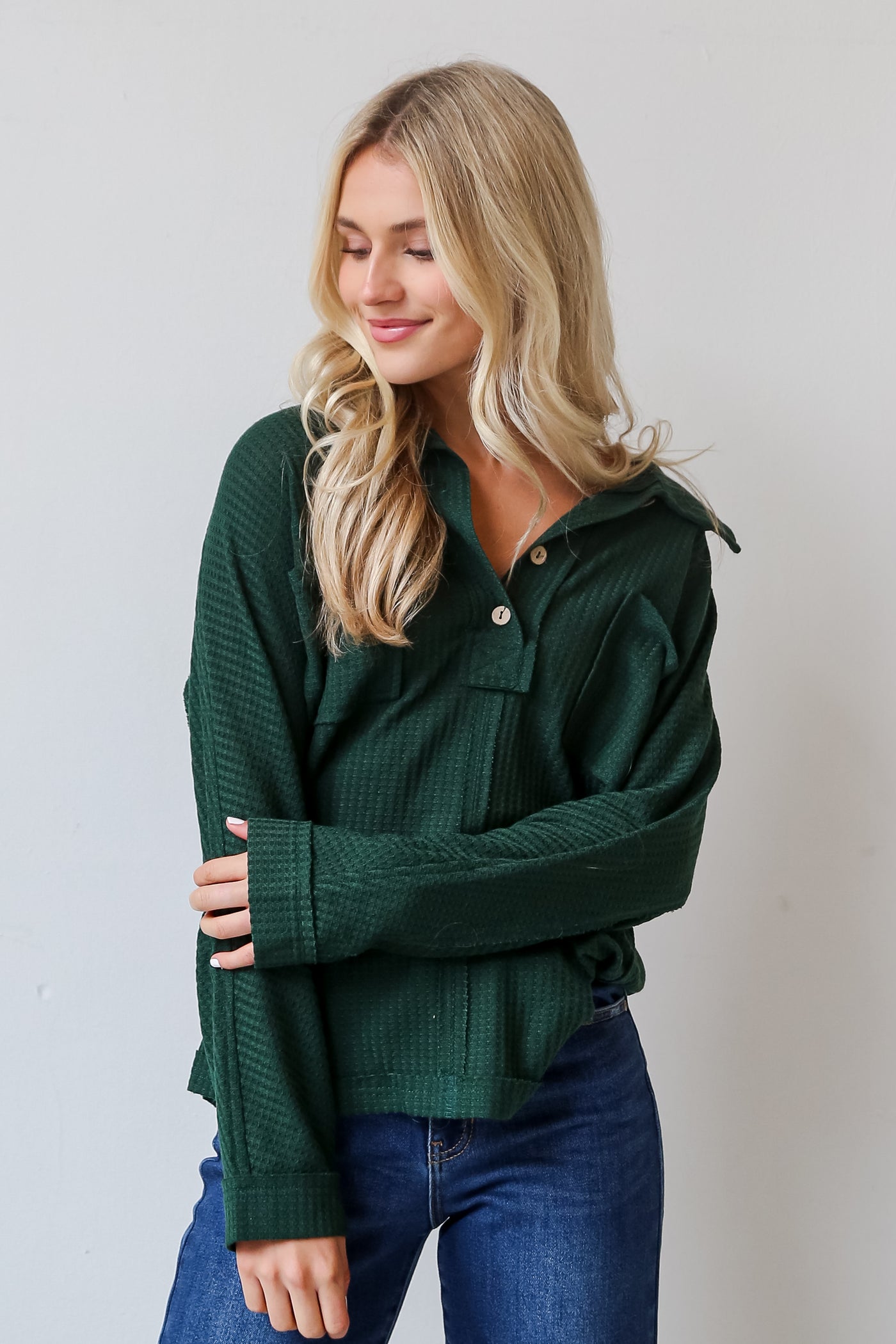 Hunter Green Waffle Knit Henley Top front view
