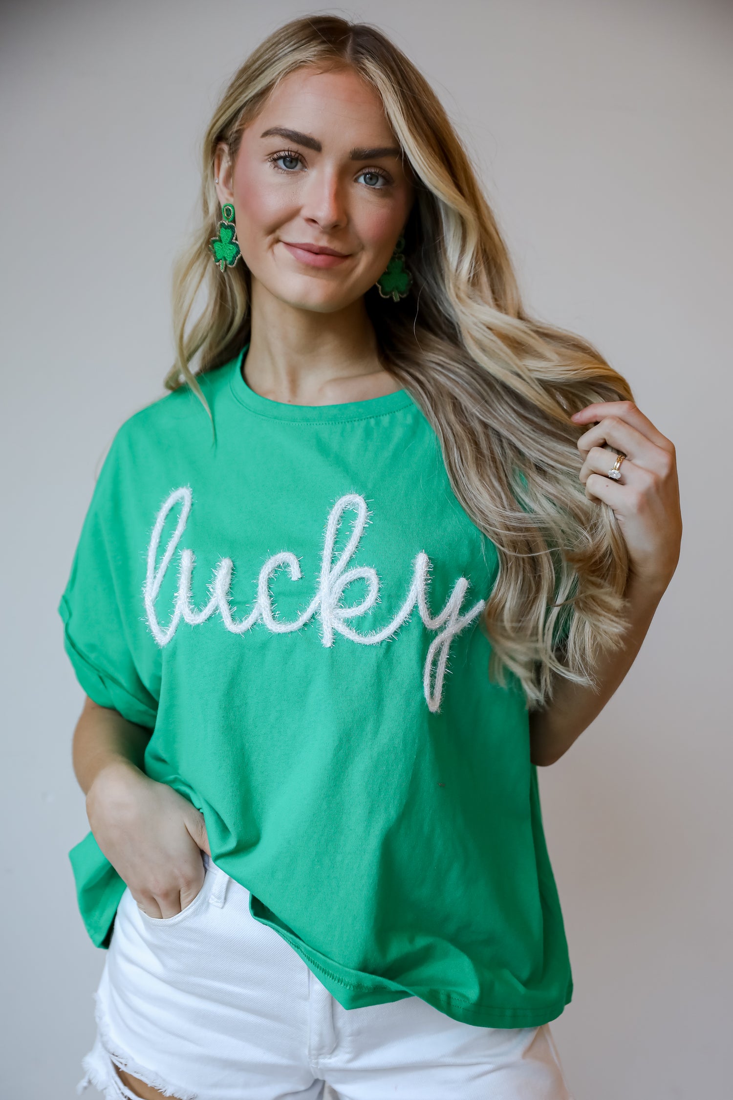 green &quot;Lucky&quot; Metallic Letter Tee