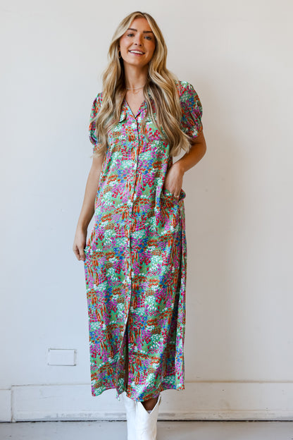 cute Green Satin Floral Maxi Dress