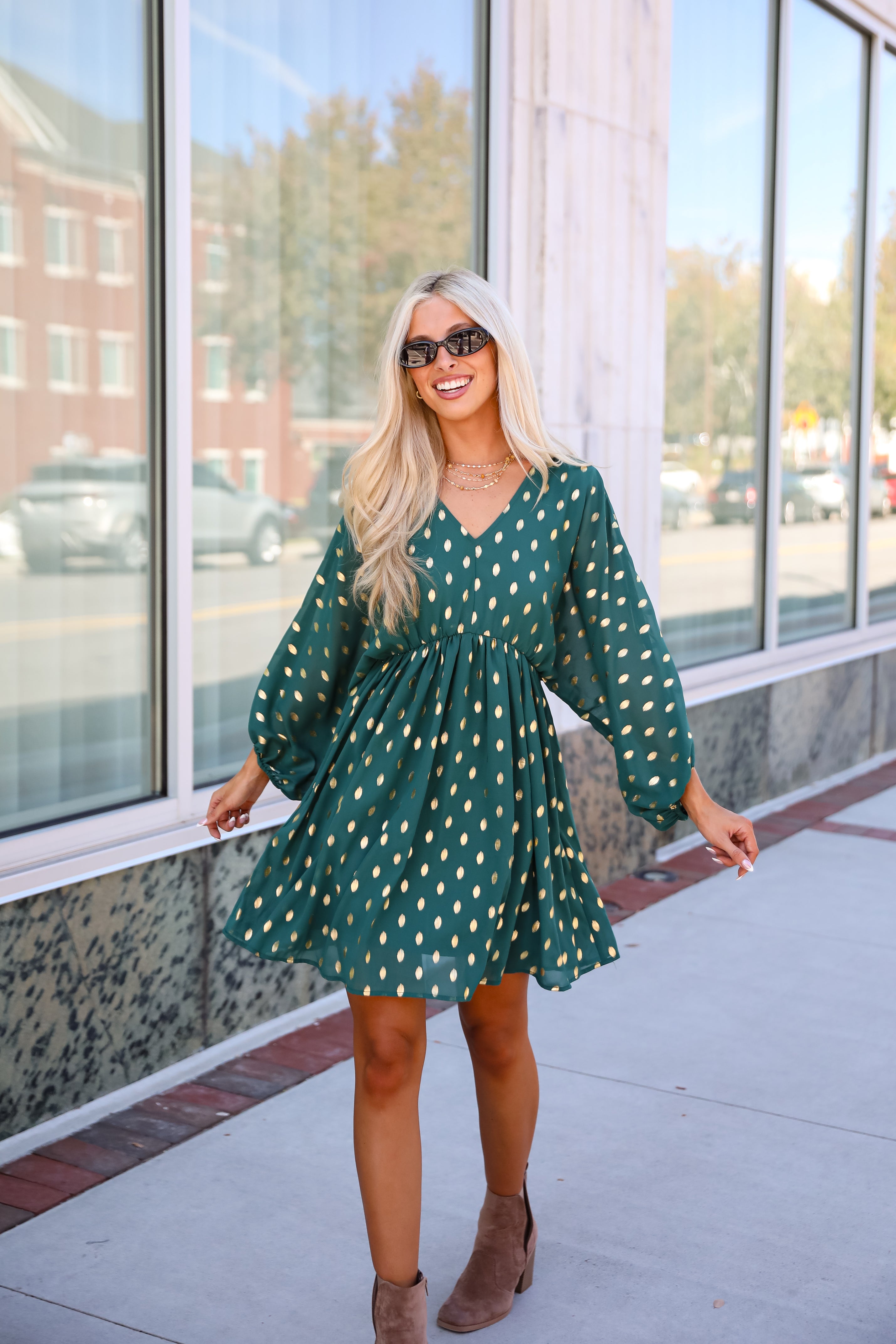 Gorgeous Favorite Hunter Green Dotted Babydoll Mini Dress