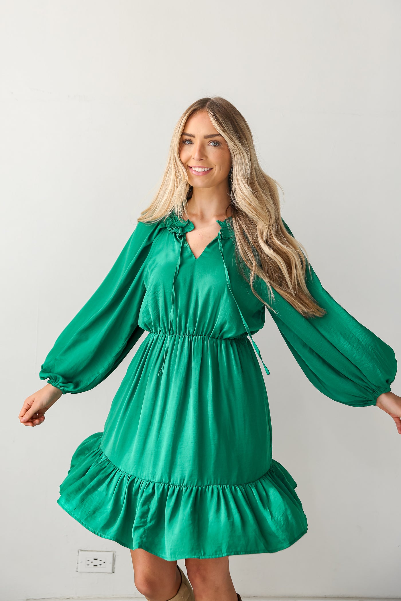Kelly Green Mini Dress on model