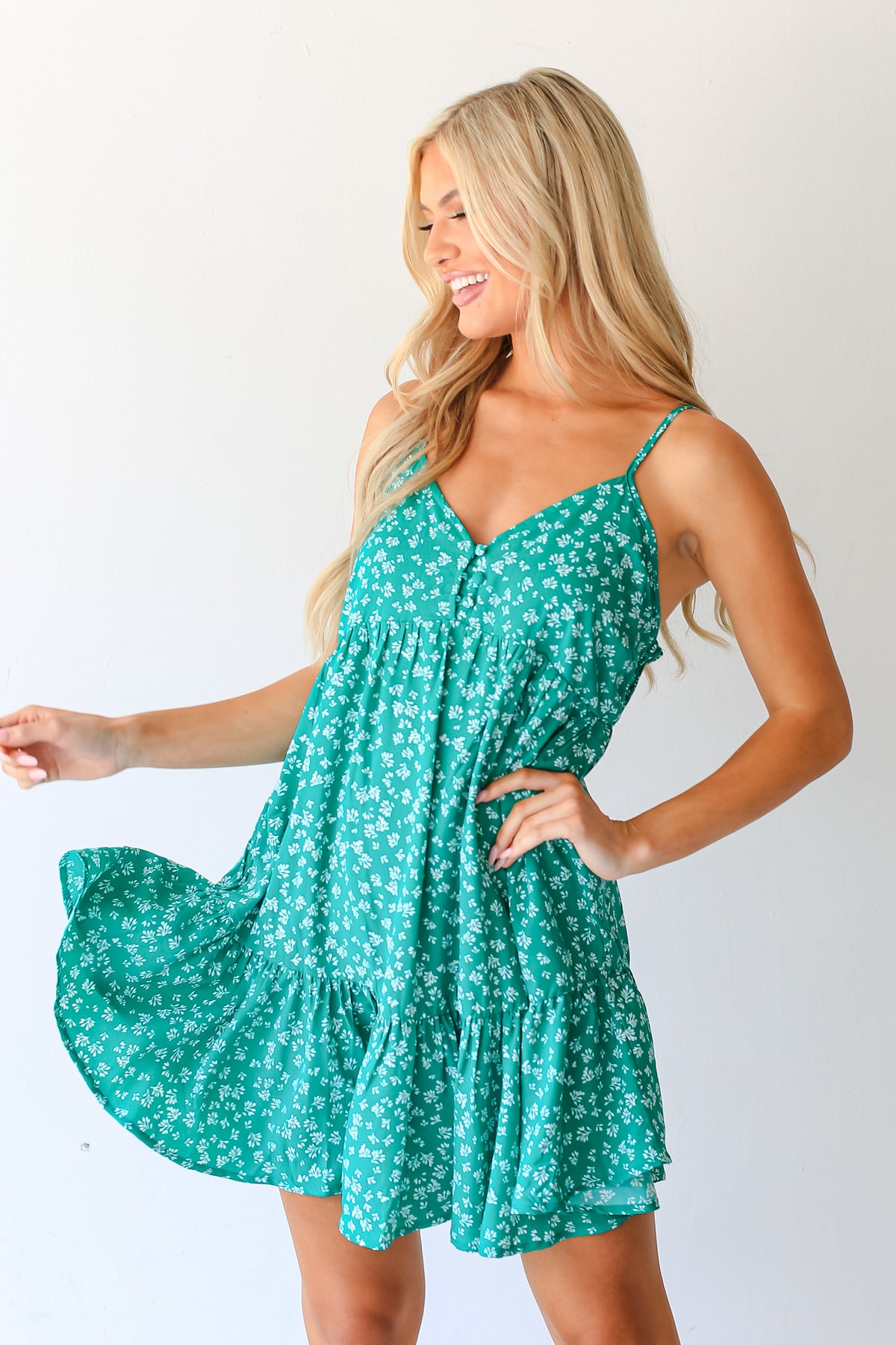 Green Floral Leaf Print Mini Dress ShopDressUp Dress Up