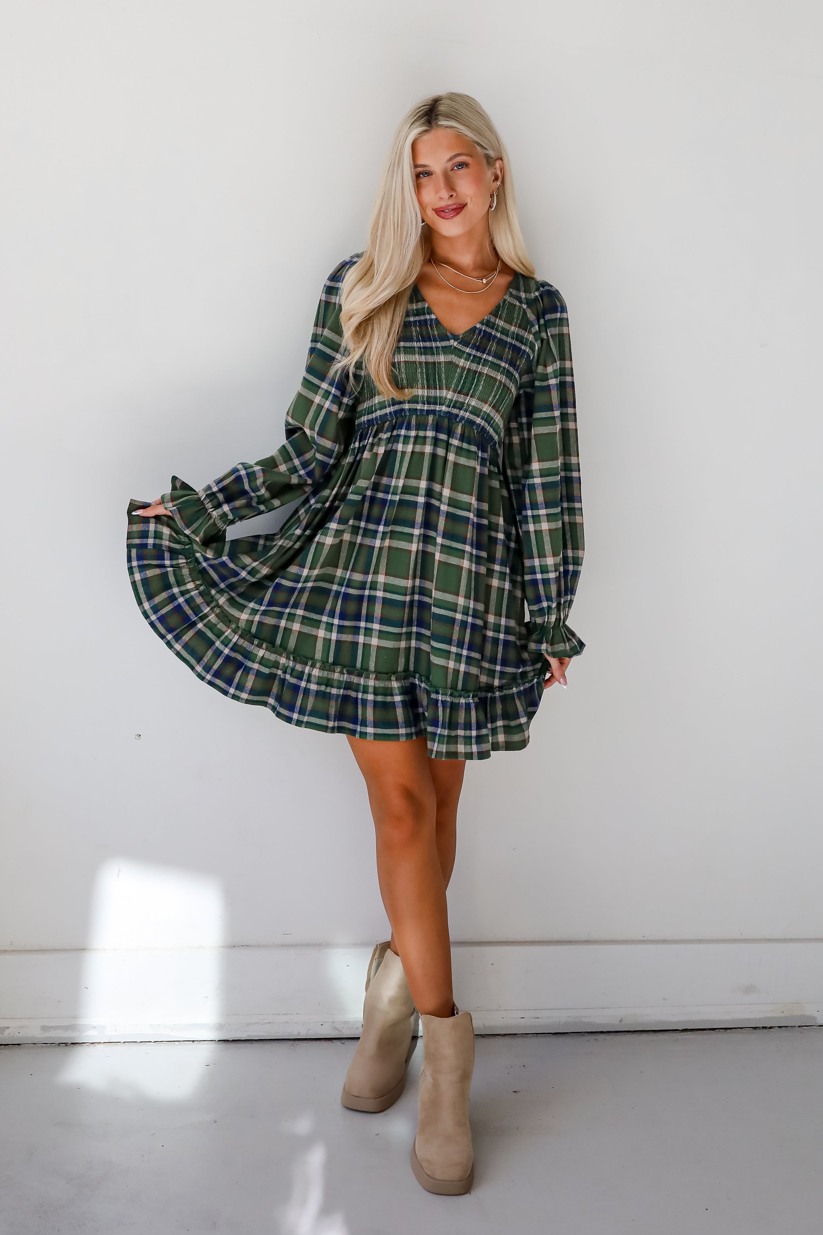 Ideal Attraction Green Plaid Mini Dress