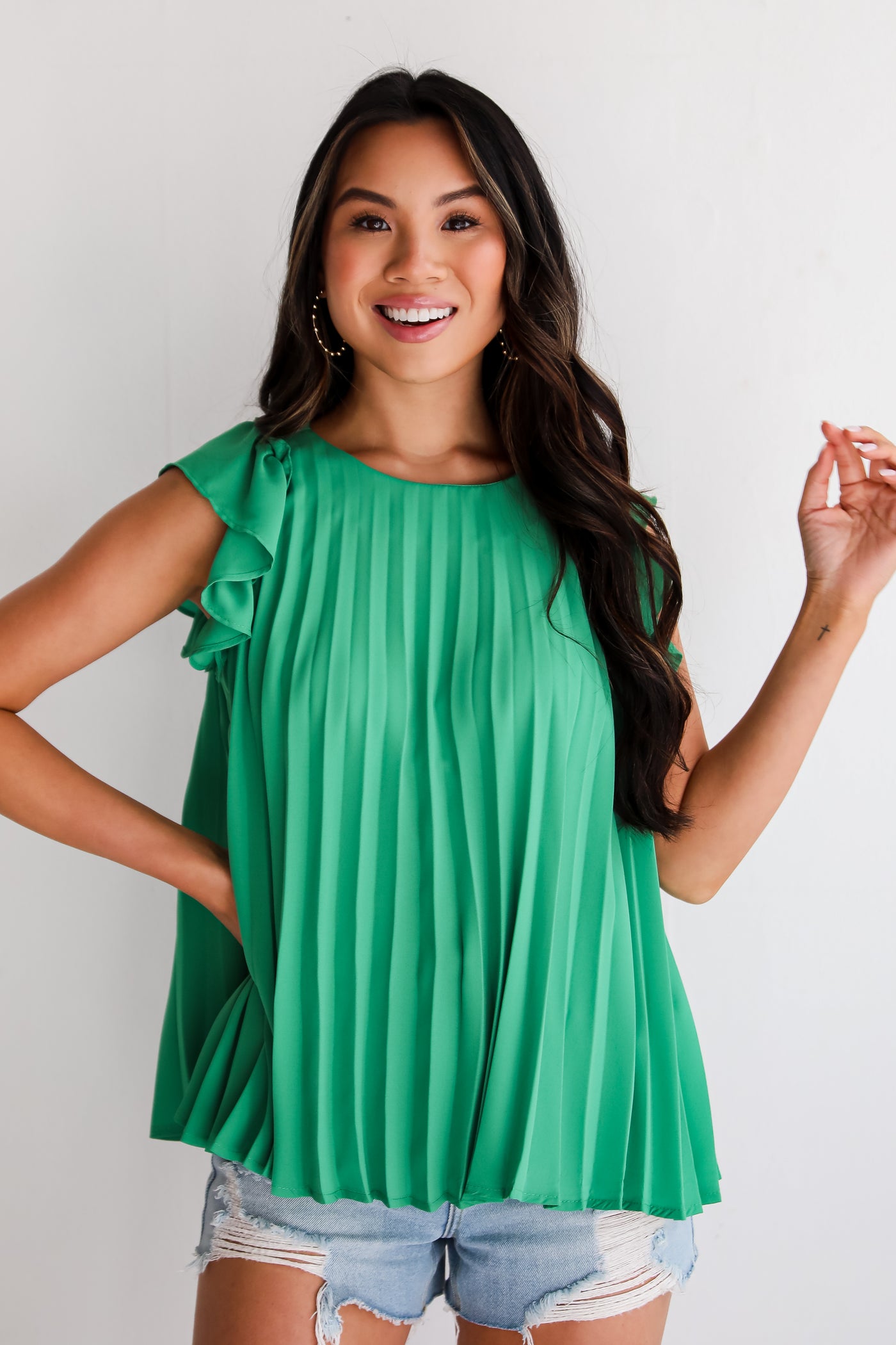 trendy Kelly Green Pleated Blouse