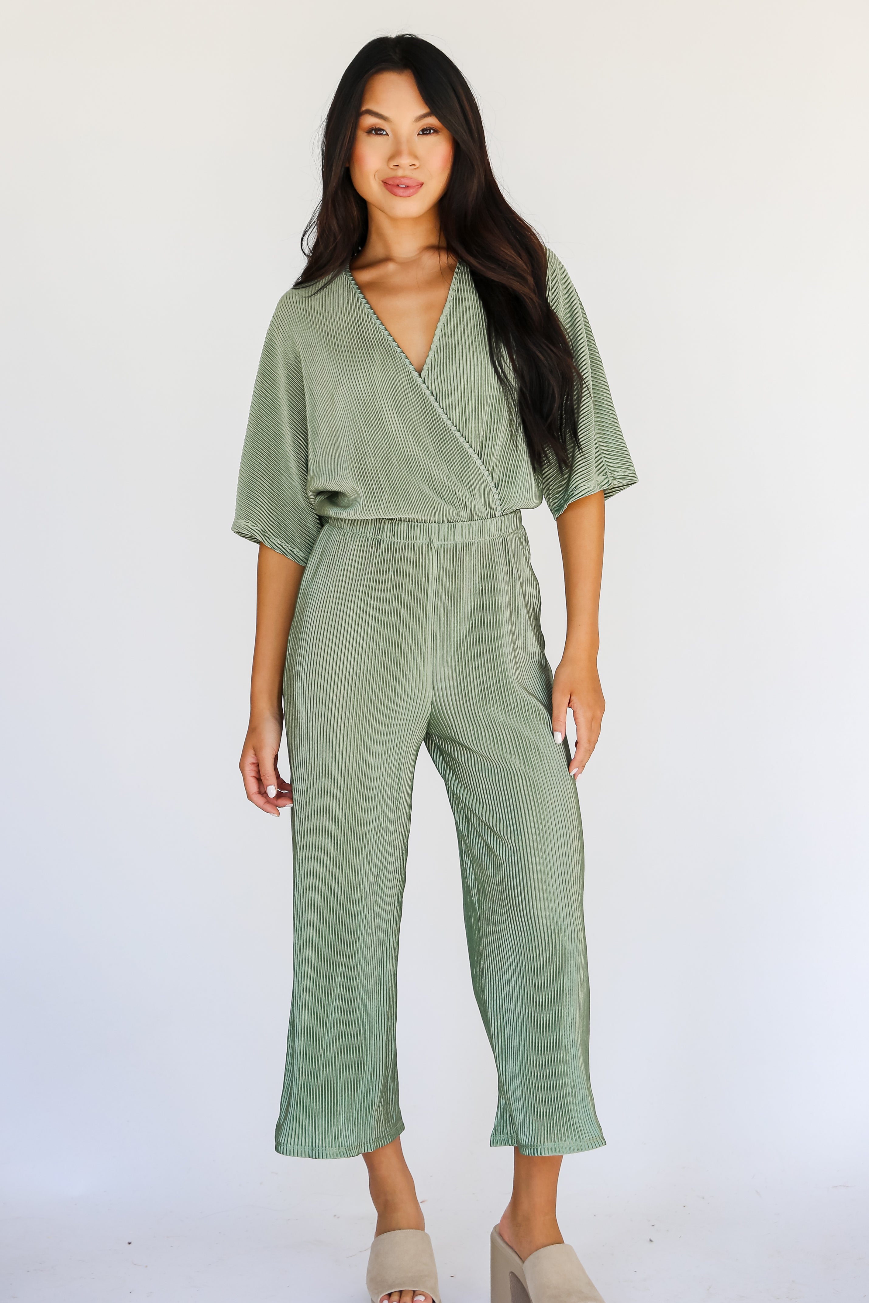 Plisse Green Jumpsuit front view