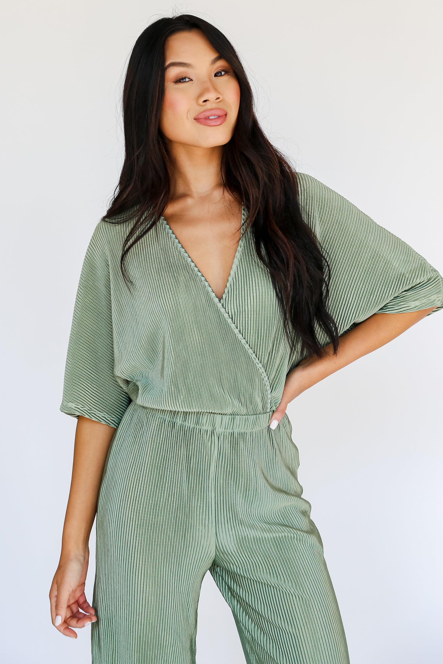 Plisse Green Jumpsuit on dress up model