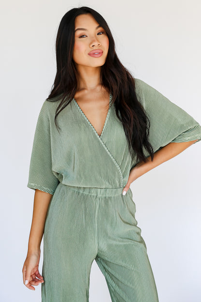 Plisse Green Jumpsuit on dress up model