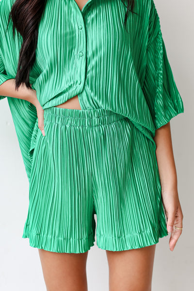 green plisse Shorts on dress up model