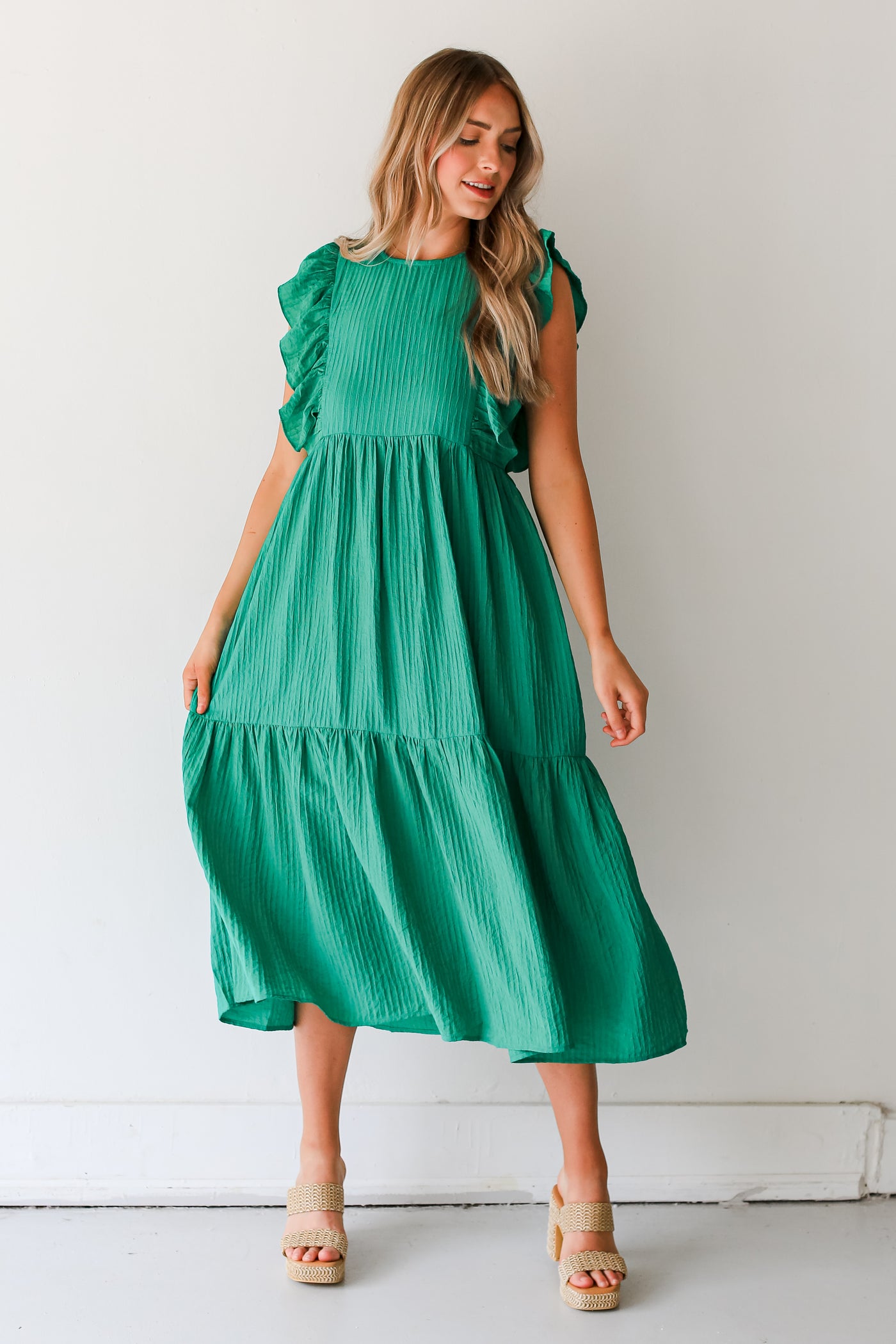 green Tiered Maxi Dress on dress up model