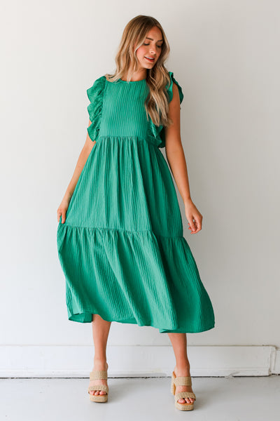 green Tiered Maxi Dress on dress up model