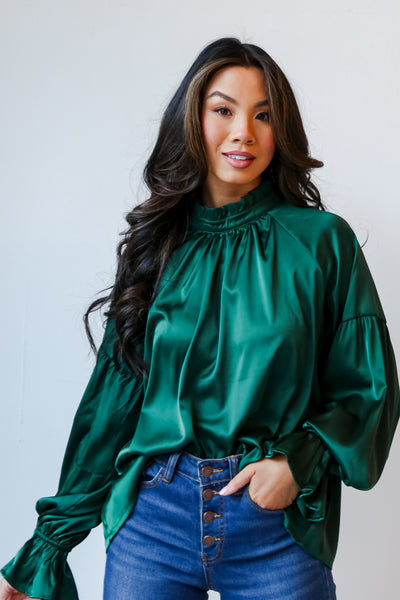 Hunter Green Satin Blouse front view
