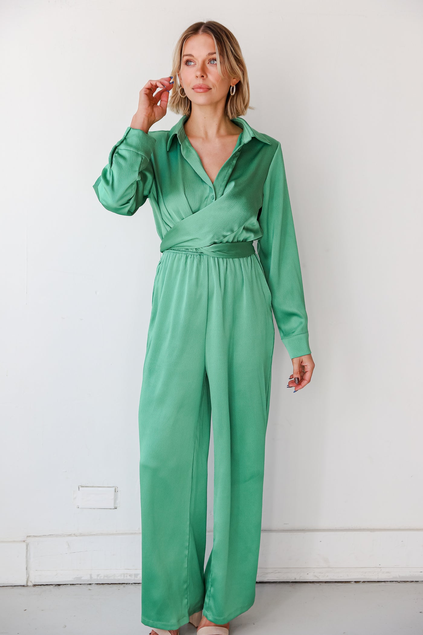Chic Green Satin Jumpsuit on model