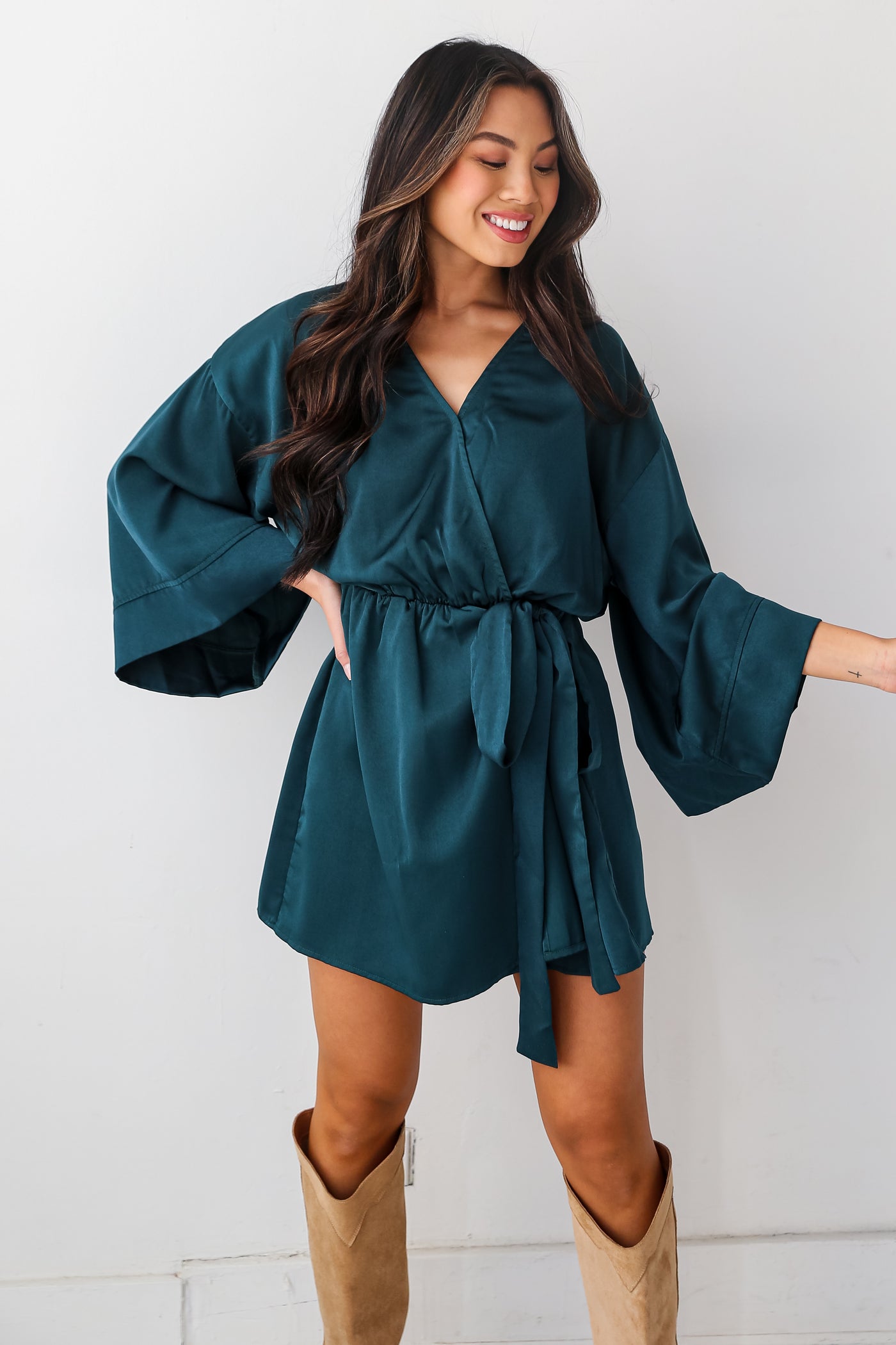 Hunter Green Satin Romper front view