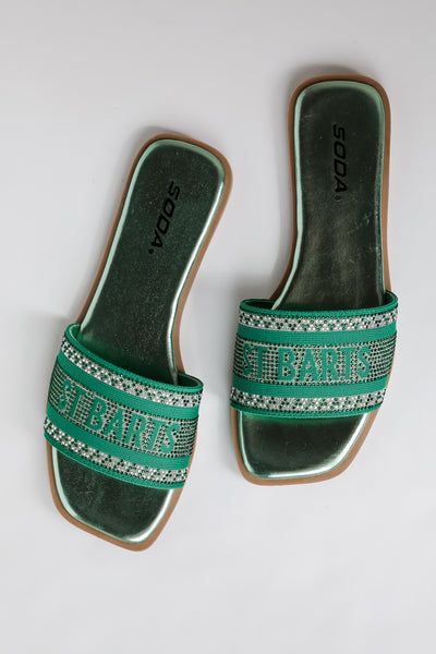 trendy slide sandals for women St. Barts Green Rhinestone Slide Sandals