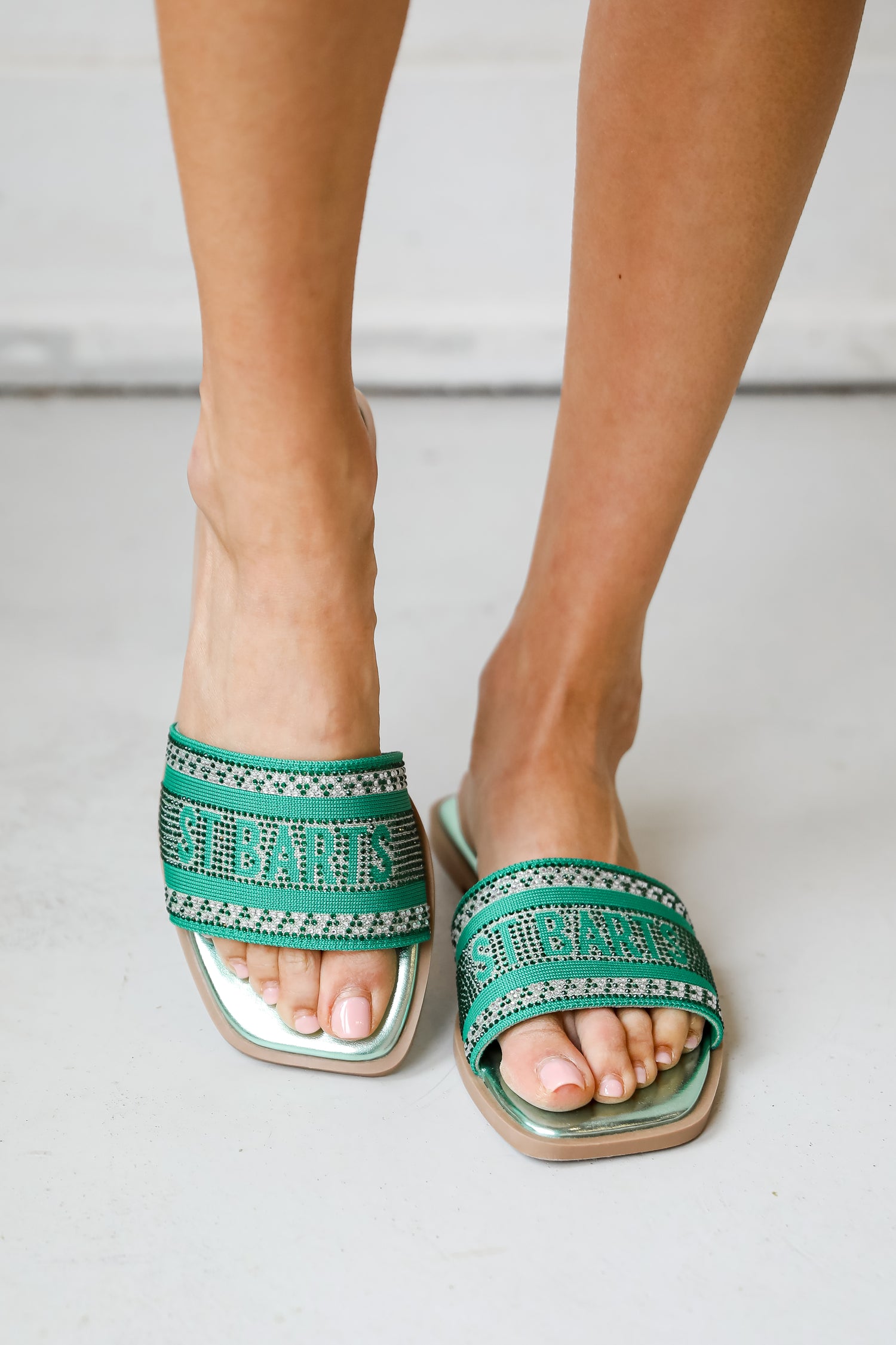 St. Barts Green Rhinestone Slide Sandals