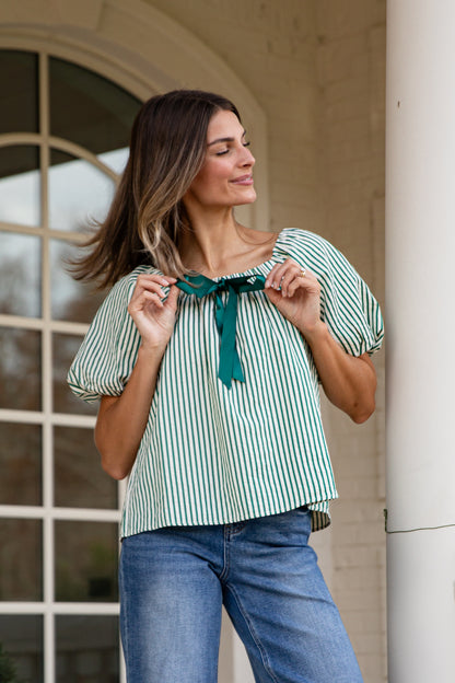 Holiday Twist Green Stripe Blouse