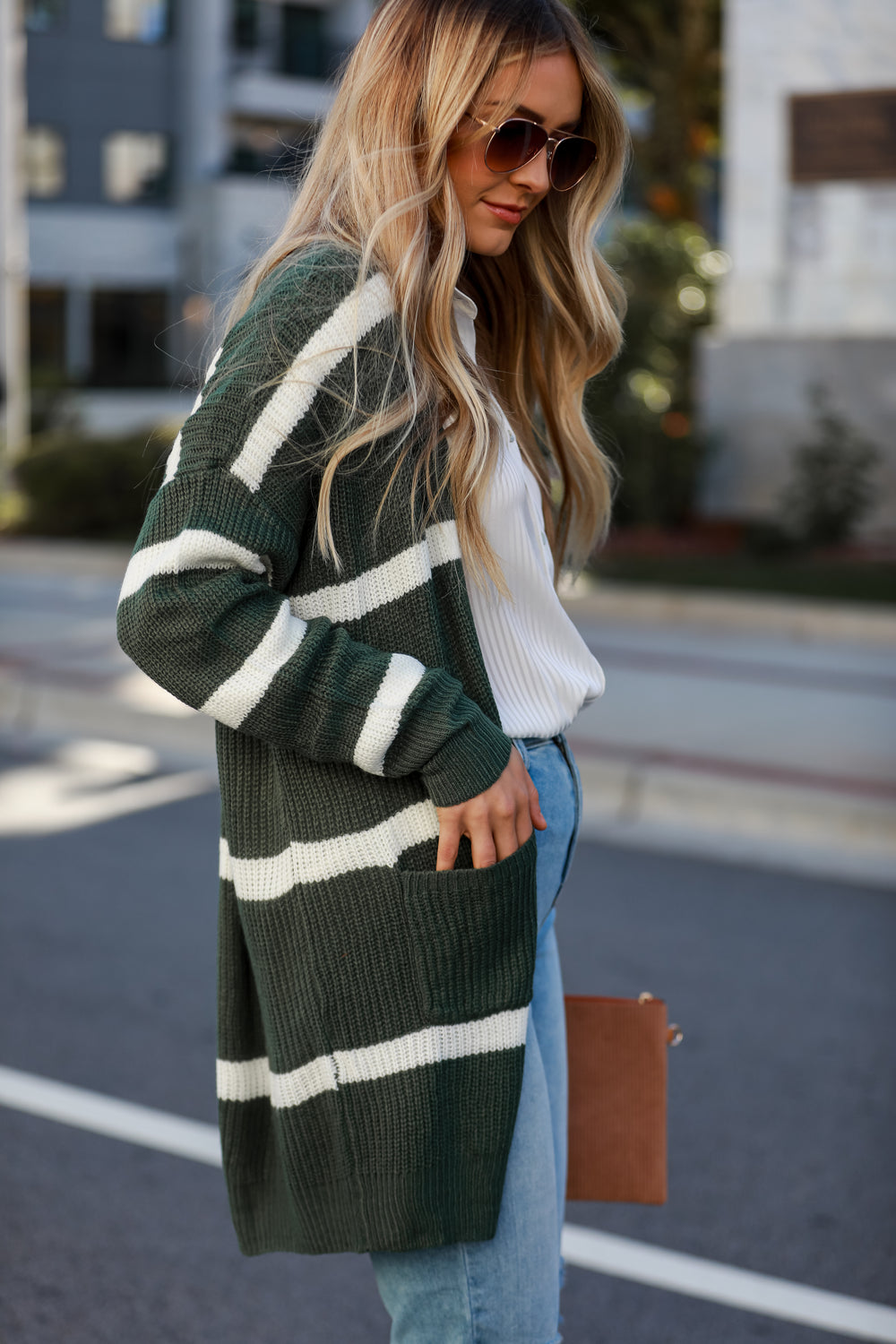 cute Green Striped Longline Cardigan