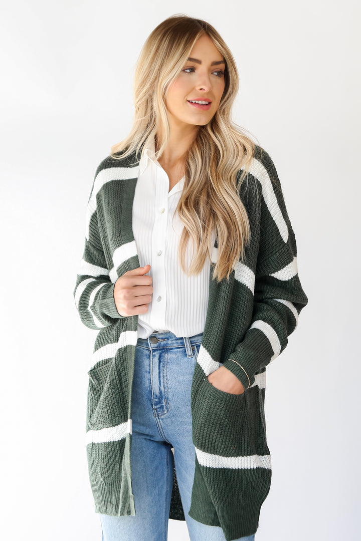 Green Striped Longline Cardigan front view
