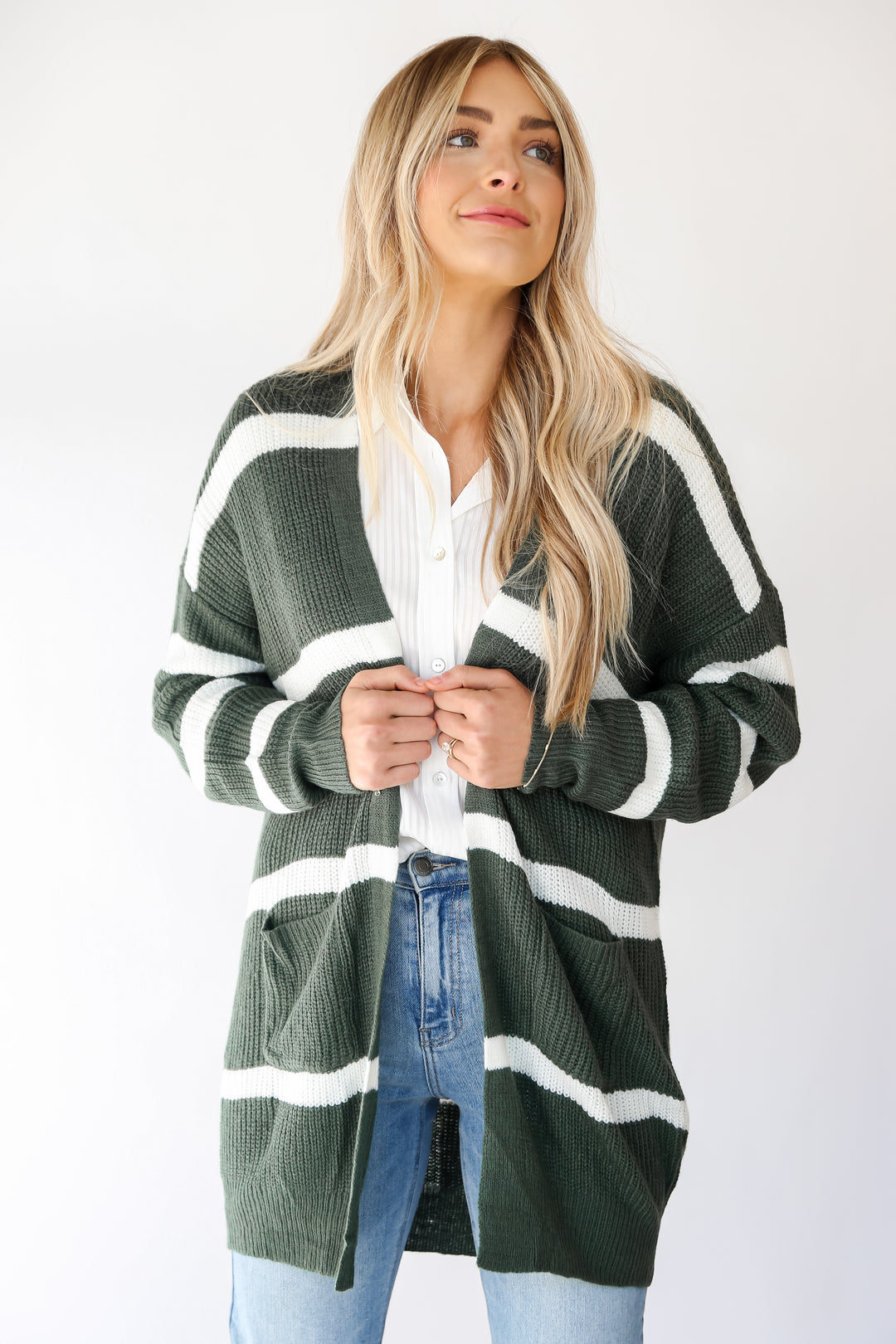 Green Striped Longline Cardigan front view
