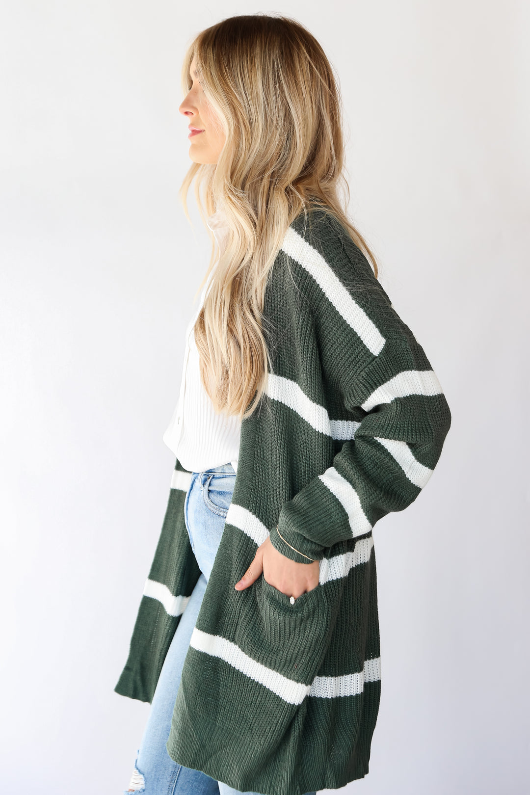 trendy Green Striped Longline Cardigan
