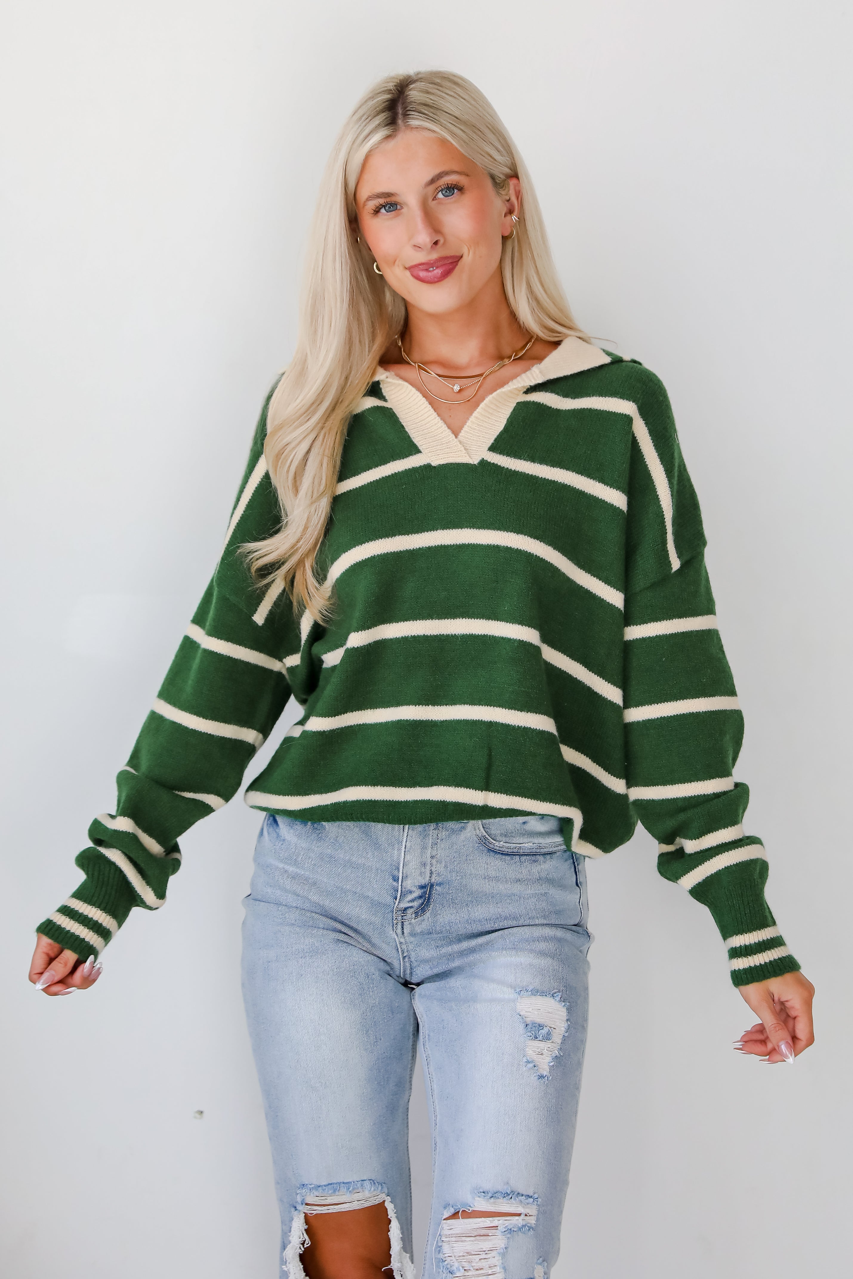 Fashionable Outcome Green Striped Collared Sweater