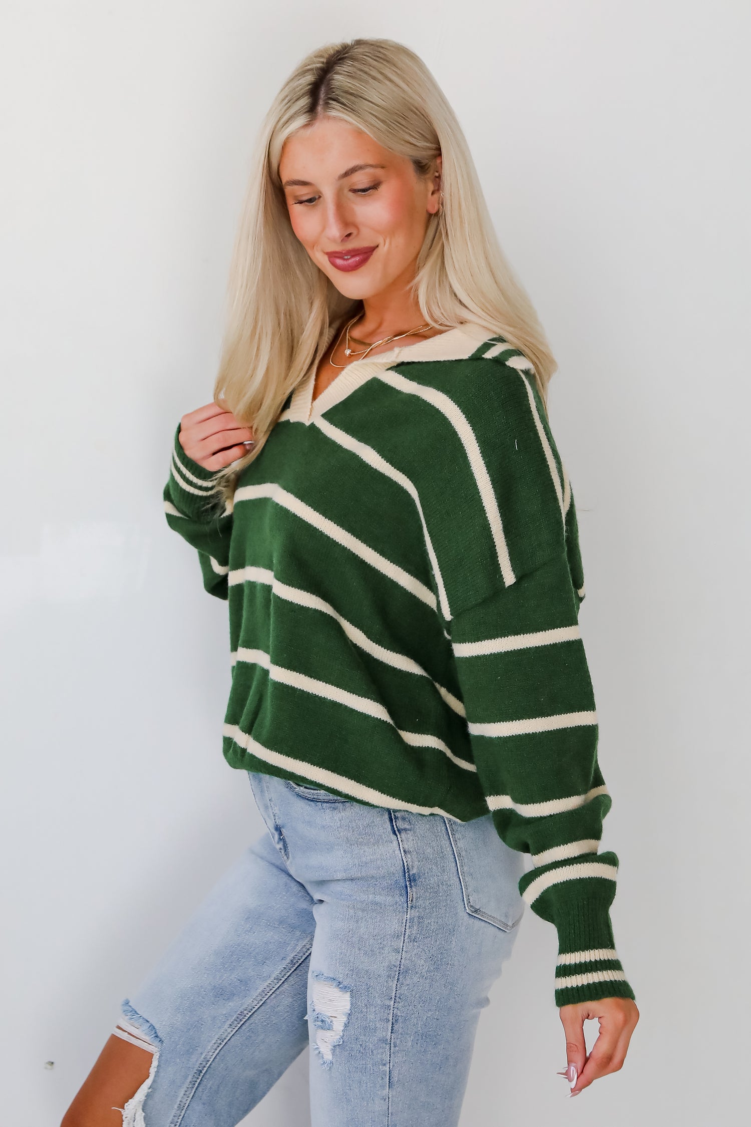 Fashionable Outcome Green Striped Collared Sweater