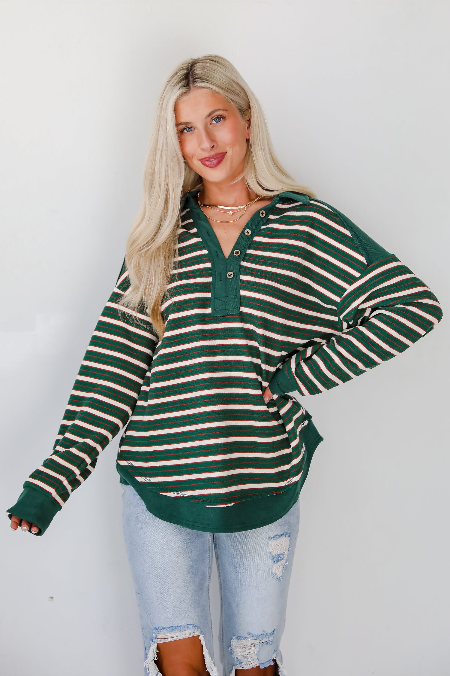 Confirmed Vibe Hunter Green Striped Collared Top