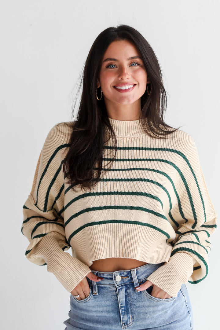 Comfy Cuteness Green Striped Cropped Sweater