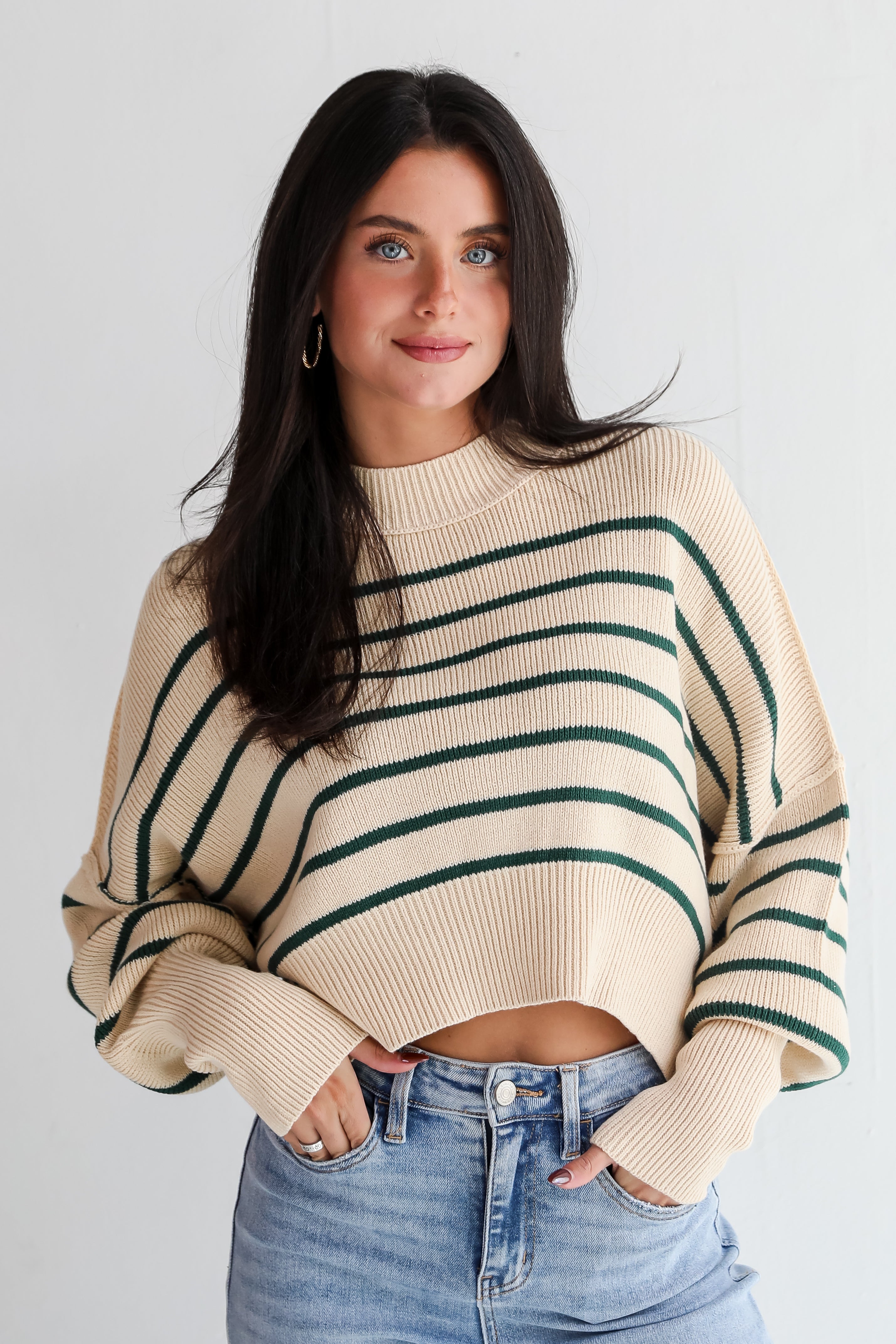 Comfy Cuteness Green Striped Cropped Sweater