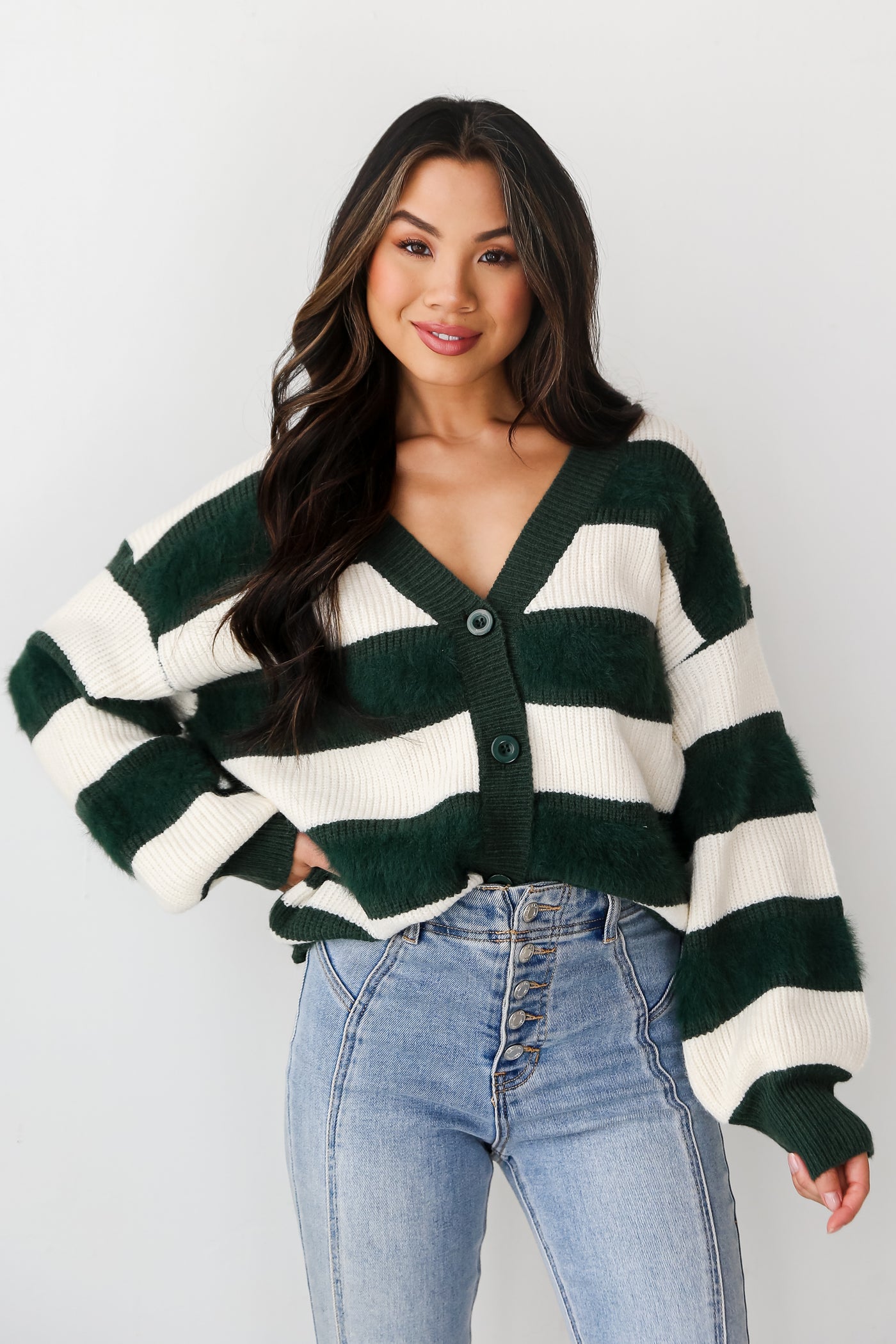 Hunter Green Striped Oversized Sweater Cardigan front view