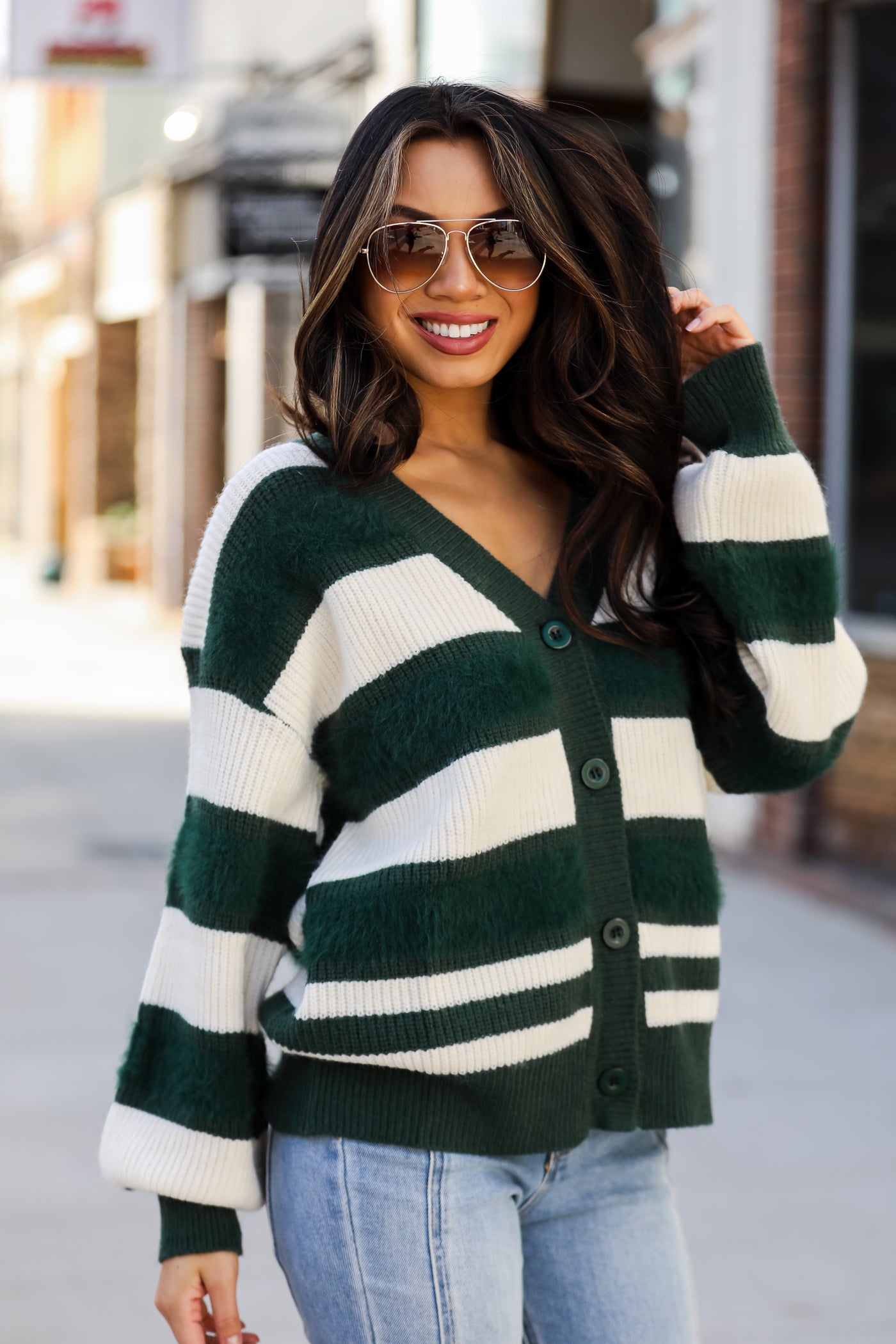 Hunter Green Striped Oversized Sweater Cardigan front view