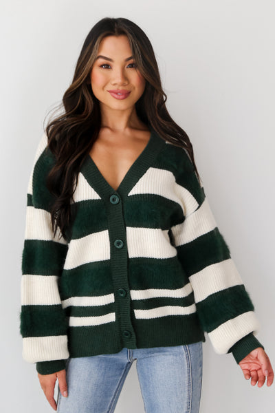 Hunter Green Striped Oversized Sweater Cardigan on model