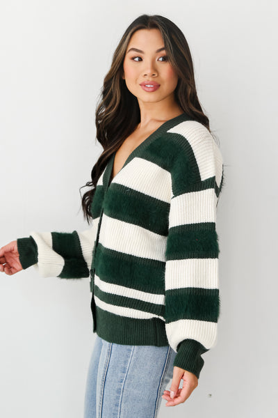 Hunter Green Striped Oversized Sweater Cardigan side view