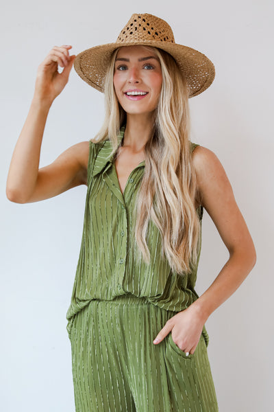 Green Velvet Stripe Sleeveless Blouse for women