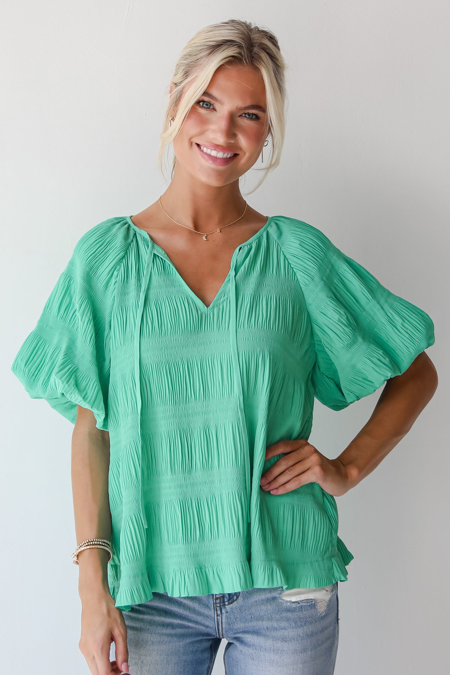 Elegant Confidence Green Textured Blouse