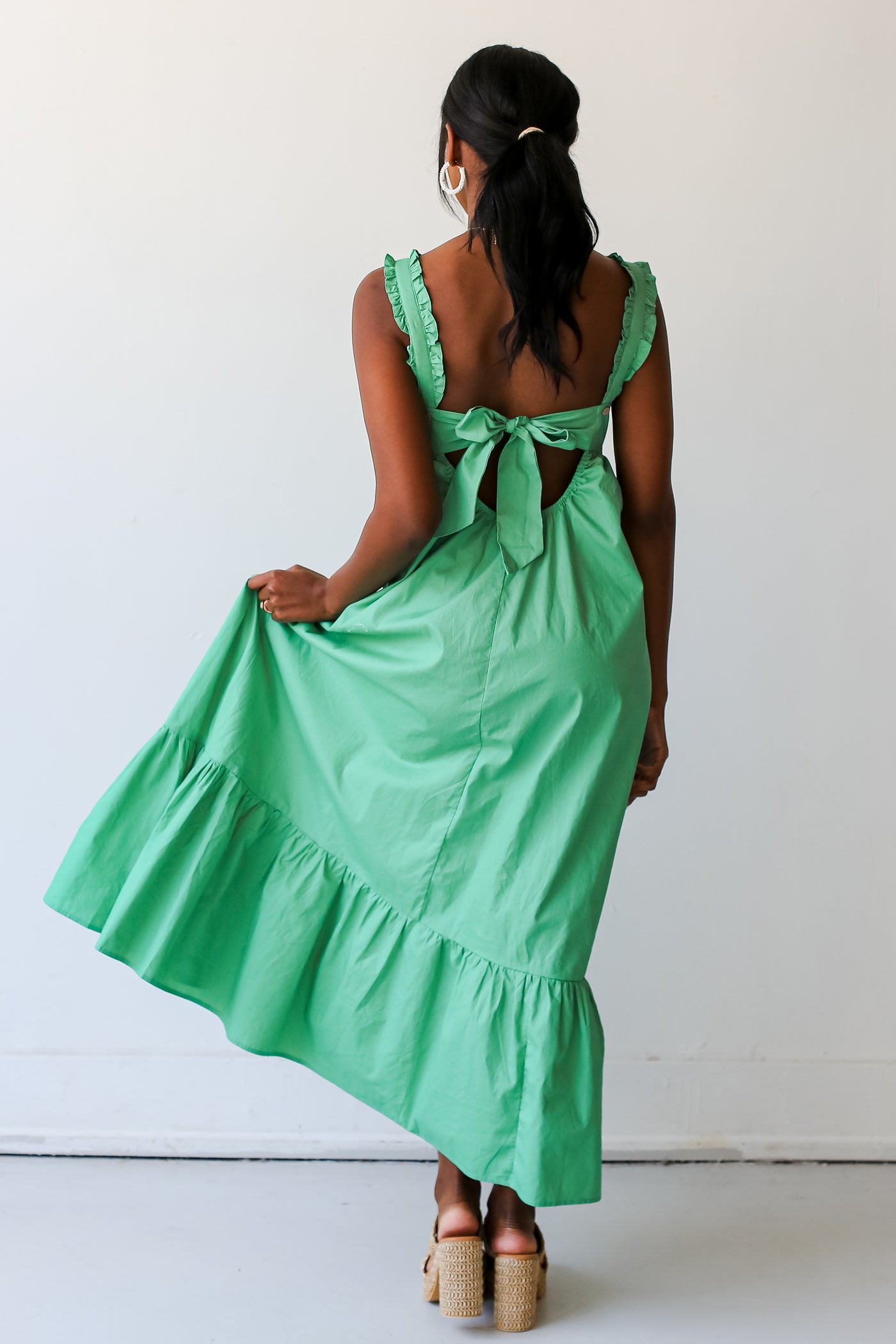 green Ruffle Maxi Dress back view