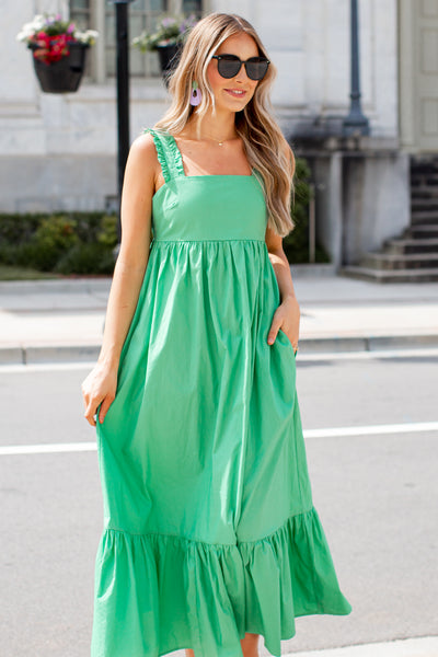 green Ruffle Maxi Dress on dress up model