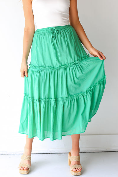 green Tiered Maxi Skirt close up
