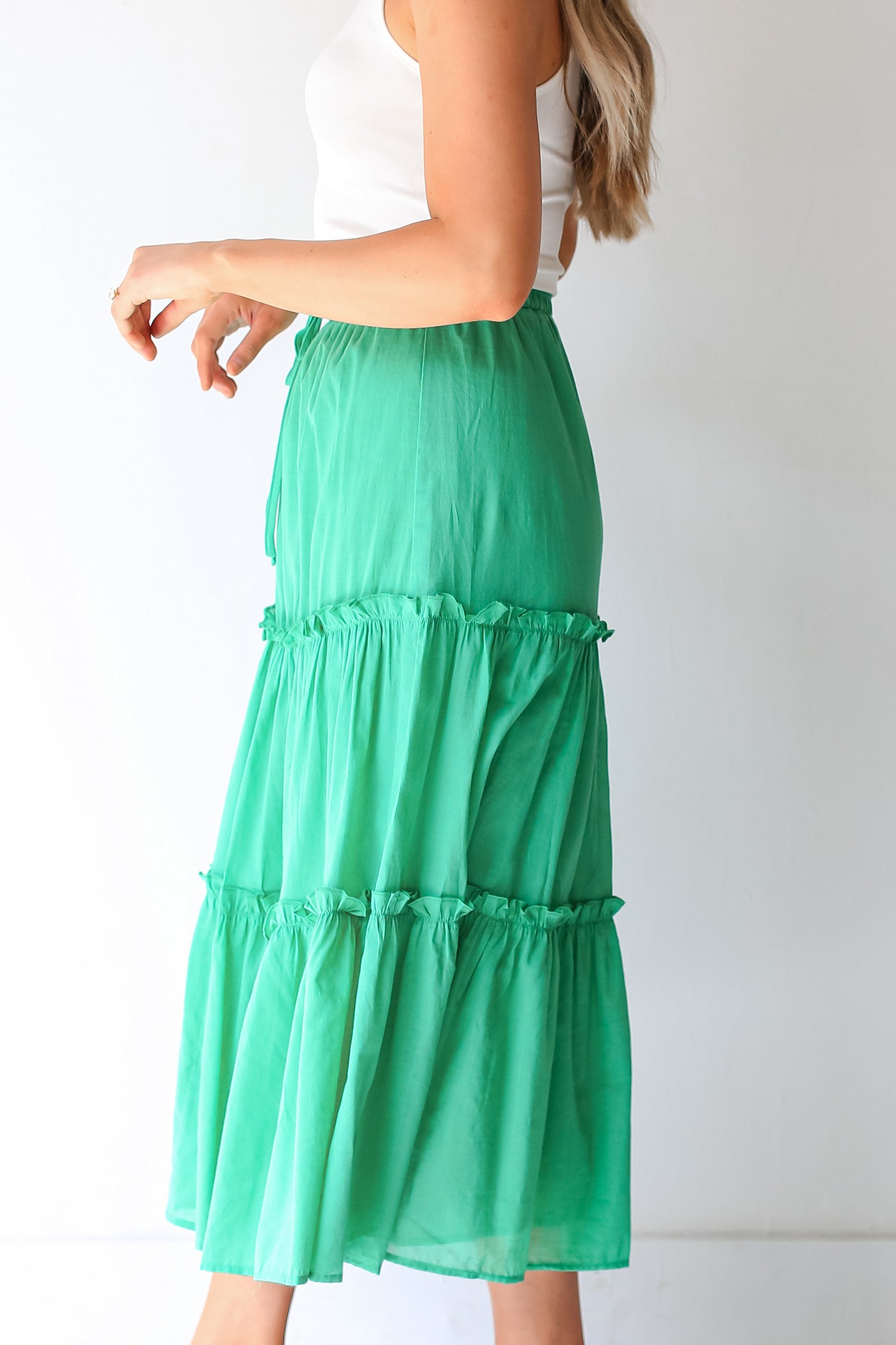 green Tiered Maxi Skirt side view