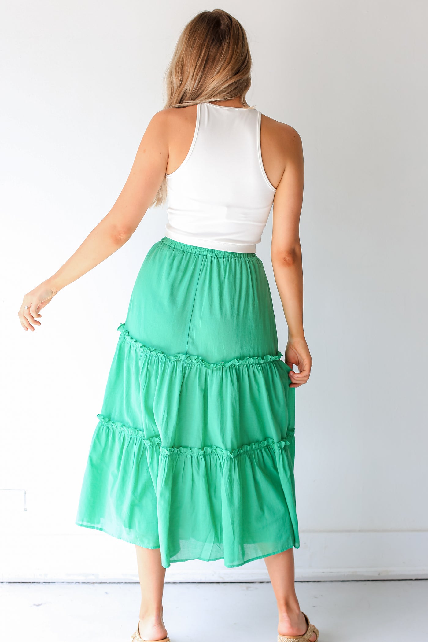 green Tiered Maxi Skirt back view