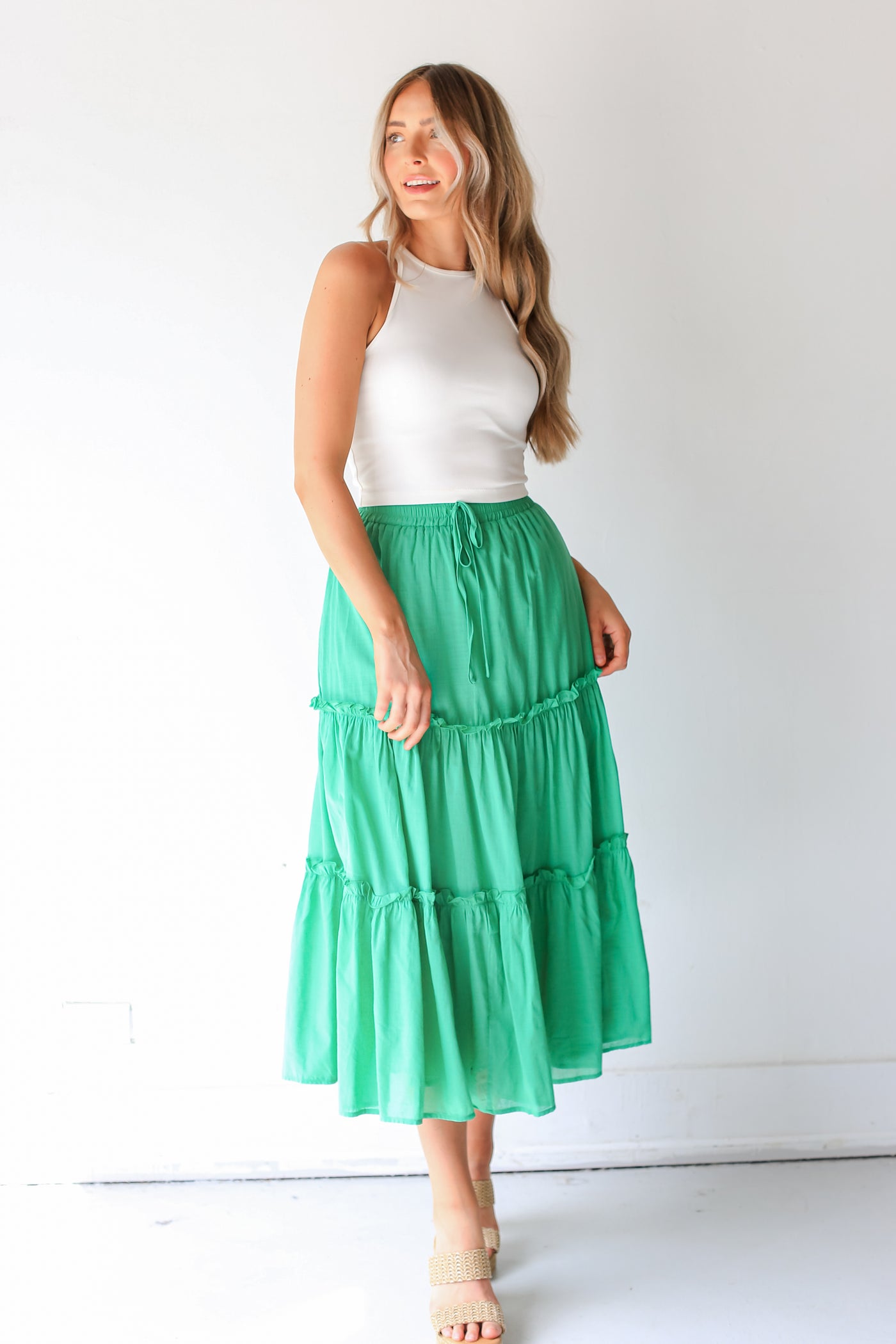 green Tiered Maxi Skirt  front view
